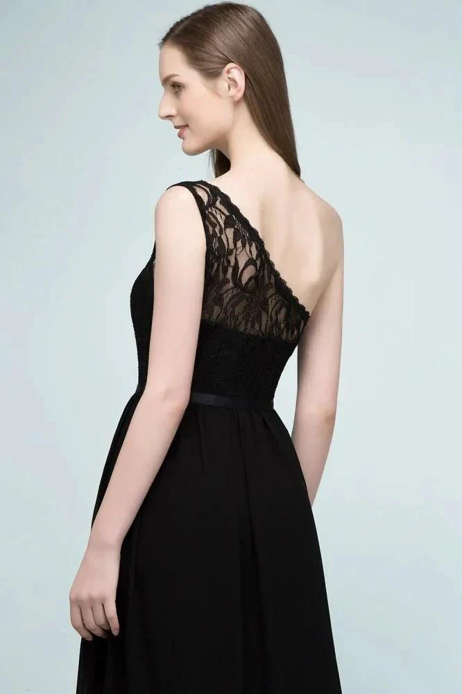 Floor Length Lace Chiffon A-line One-shoulder Bridesmaid Dresses with Sash - Image 6