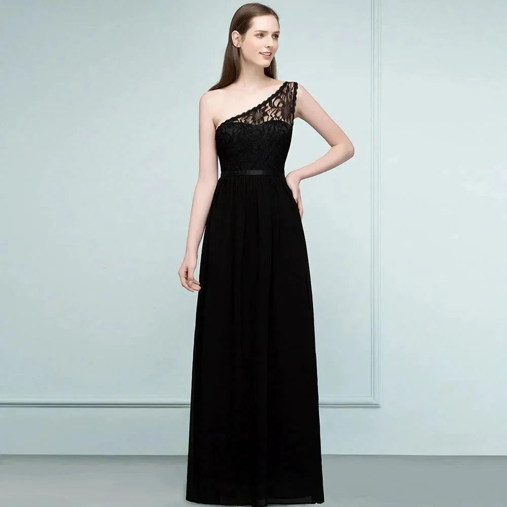 Floor Length Lace Chiffon A-line One-shoulder Bridesmaid Dresses with Sash - Image 7