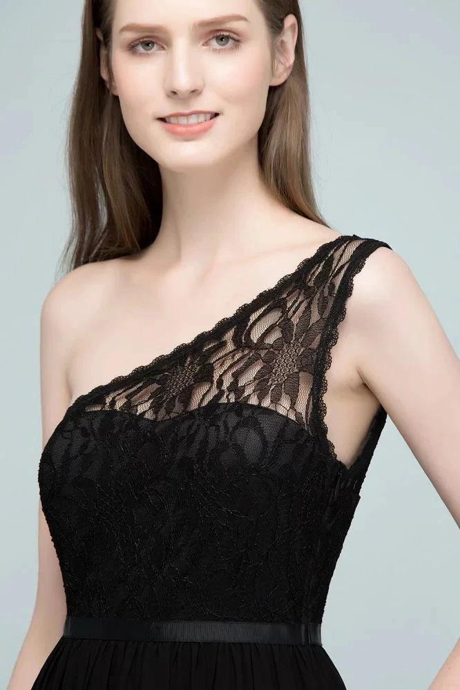Floor Length Lace Chiffon A-line One-shoulder Bridesmaid Dresses with Sash - Image 8