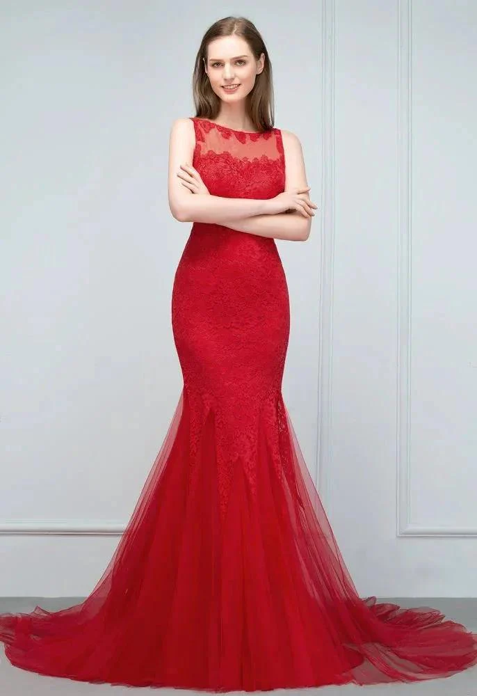 Floor Length Mermaid Illusion Neckline Sleeveless Tulle Lace Prom Dresses - Image 3