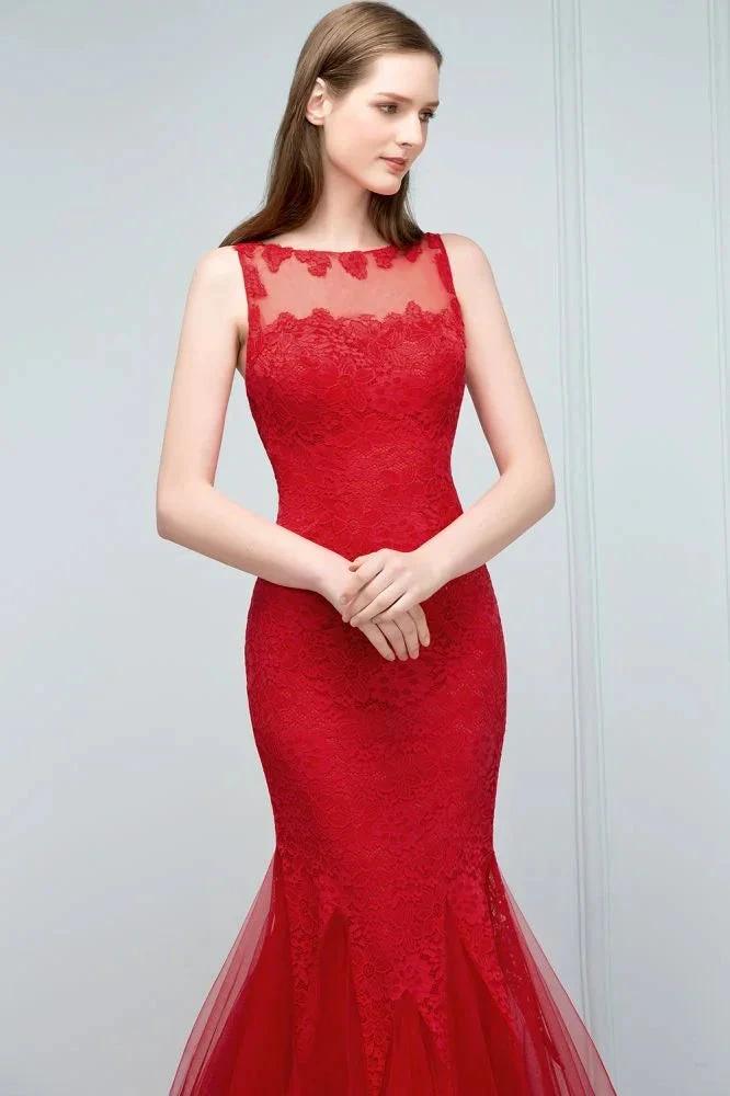 Floor Length Mermaid Illusion Neckline Sleeveless Tulle Lace Prom Dresses - Image 6