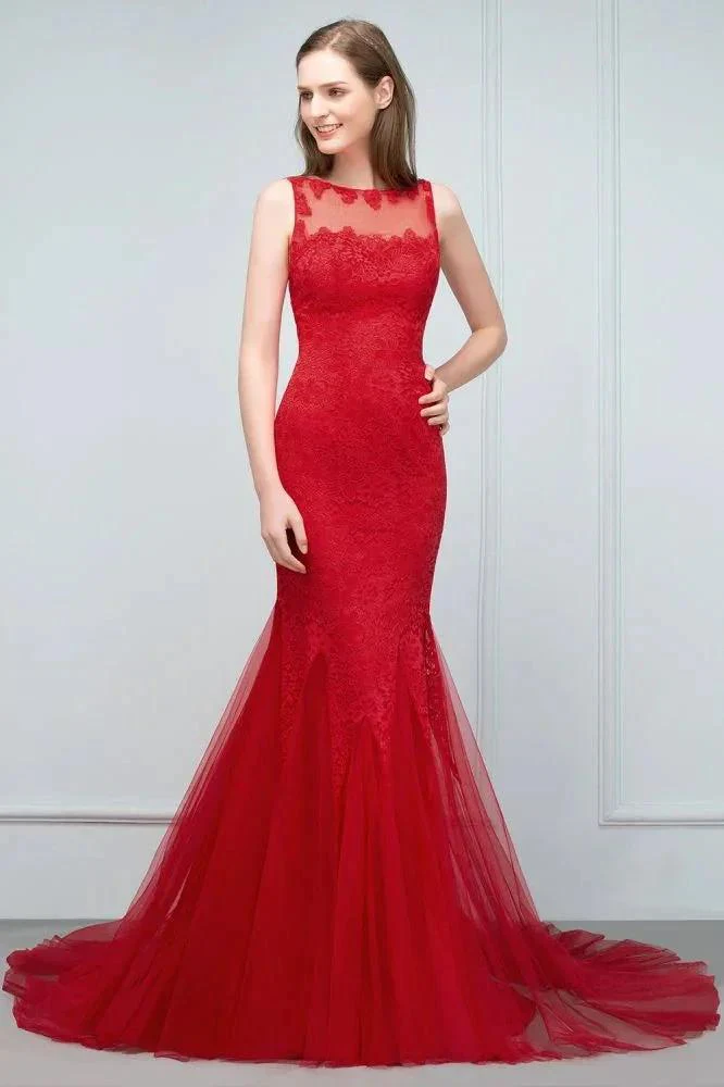 Floor Length Mermaid Illusion Neckline Sleeveless Tulle Lace Prom Dresses - Image 7