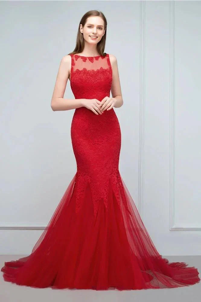 Floor Length Mermaid Illusion Neckline Sleeveless Tulle Lace Prom Dresses - Image 8