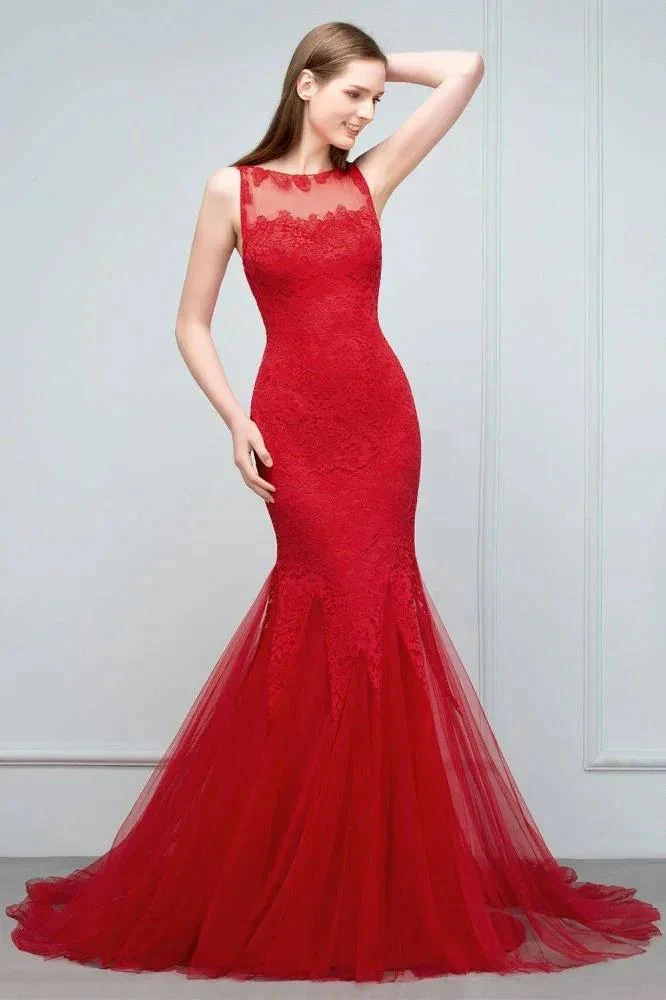 Floor Length Mermaid Illusion Neckline Sleeveless Tulle Lace Prom Dresses - Image 9