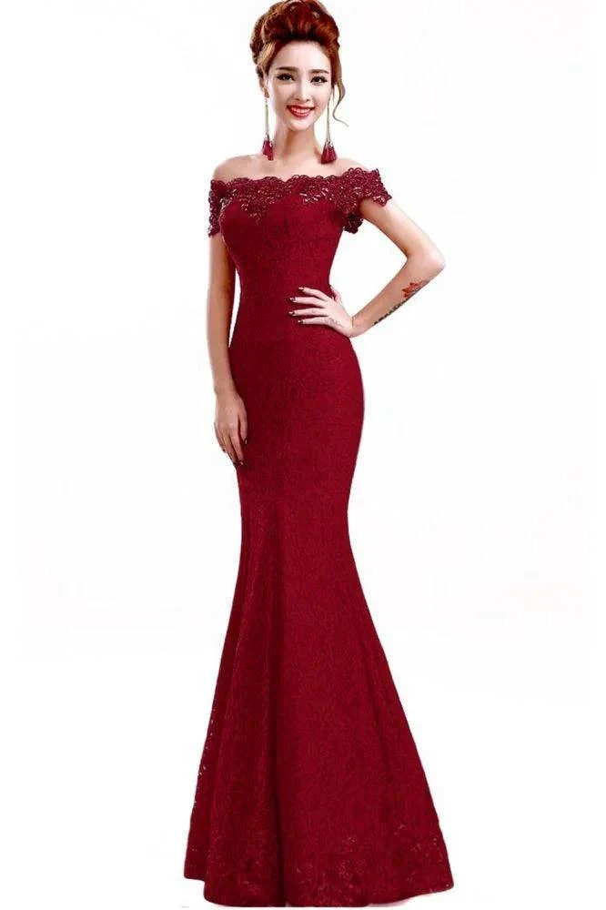 Floor-Length Mermaid Lace Off Shoulder Bridesmaid Dresses - Image 4