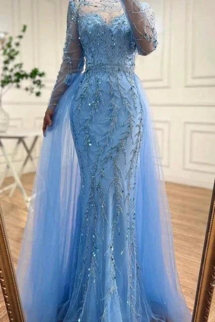 Floor-Length Mermaid Tulle Long Sleeves Beadings Ocean Blue Prom Dresses with Appliques - Image 2
