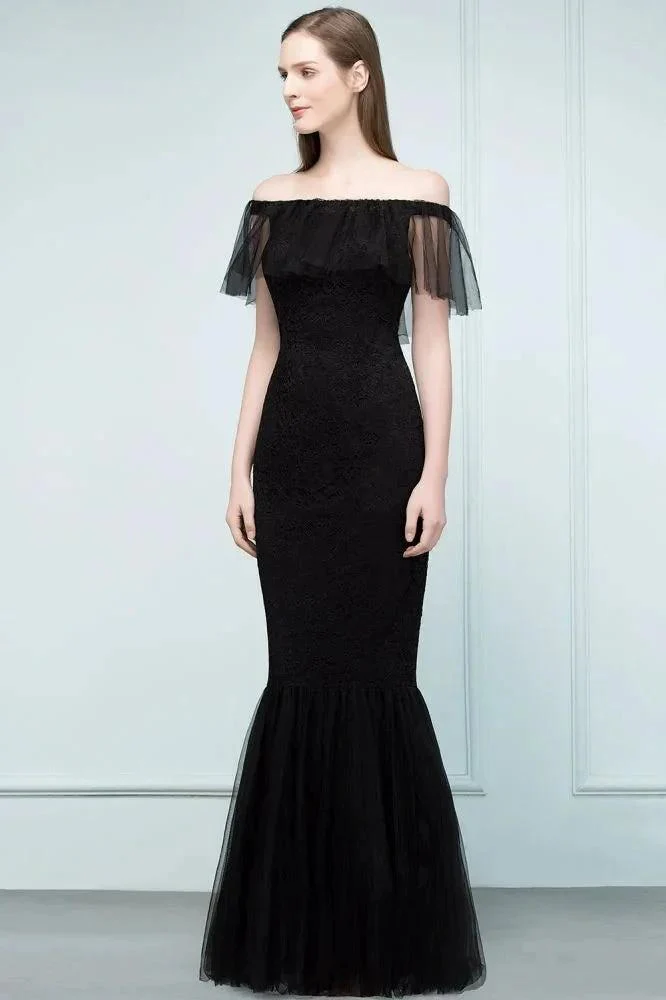 Floor Length Off-shoulder Mermaid Lace Tulle Prom Dresses - Image 3