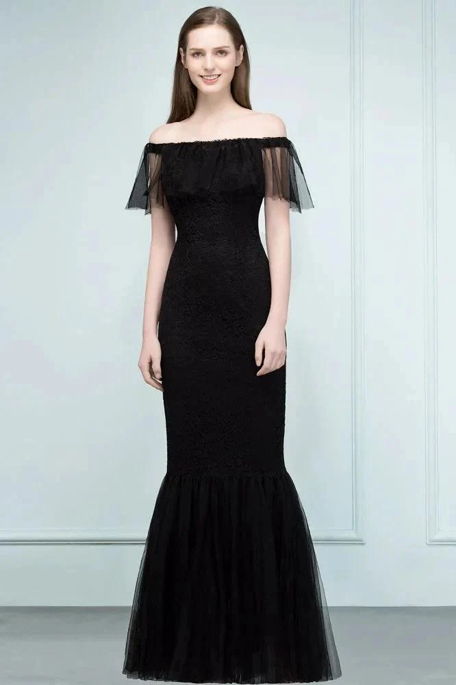 Floor Length Off-shoulder Mermaid Lace Tulle Prom Dresses - Image 5