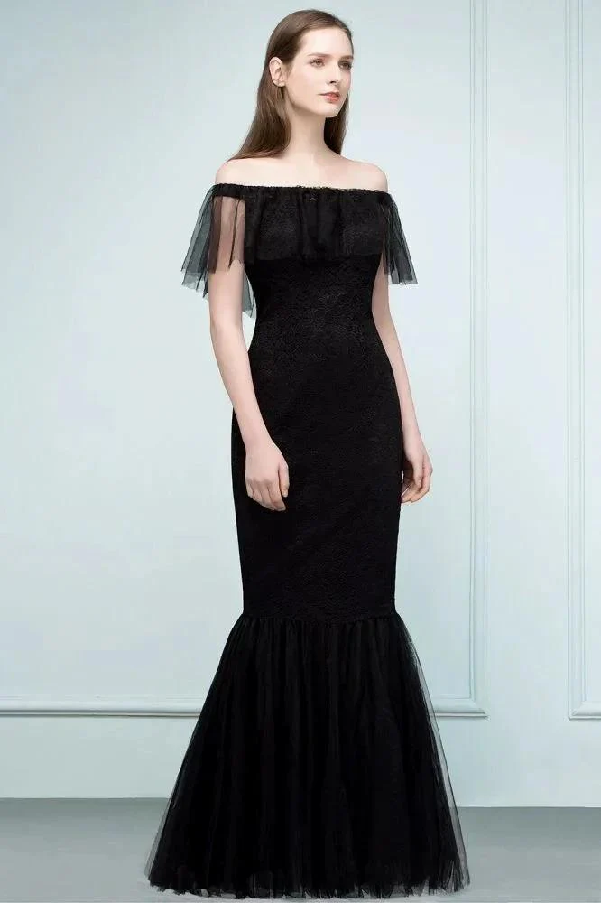 Floor Length Off-shoulder Mermaid Lace Tulle Prom Dresses - Image 6