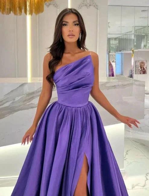 Floor-Length Stain A-Line One Shoulder Split Front Sleeveless Prom Dresses with Ruffles - Image 2
