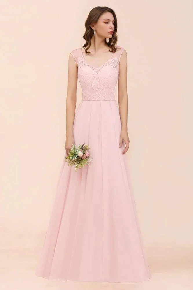 Floral Lace Bridesmaid Dress Pink A-line Wedding Party Dress - Image 3
