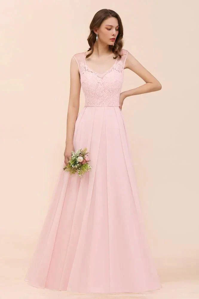 Floral Lace Bridesmaid Dress Pink A-line Wedding Party Dress - Image 5