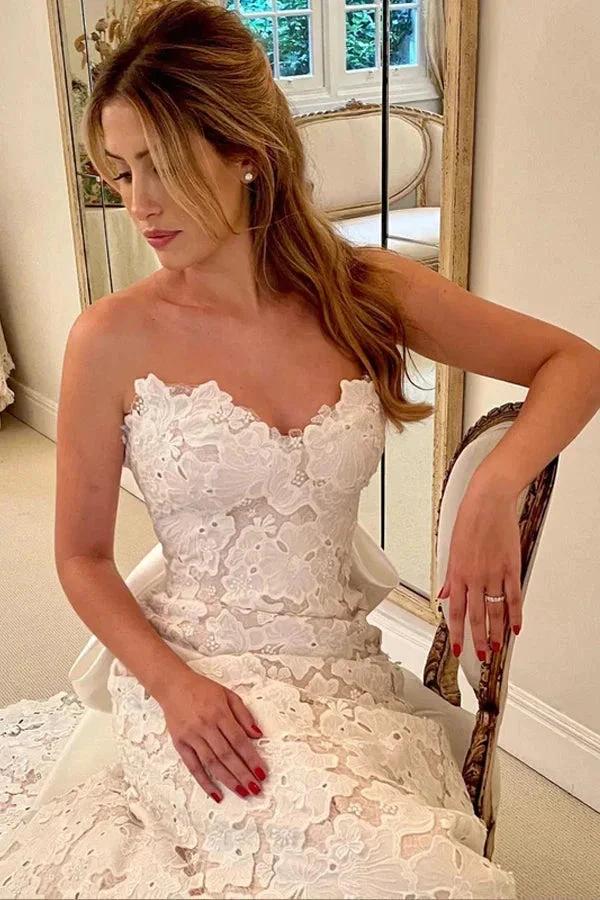 Floral Lace Strapless A Line Boho Ivory Wedding Dress with Satin Bowtie WD634 - Image 2