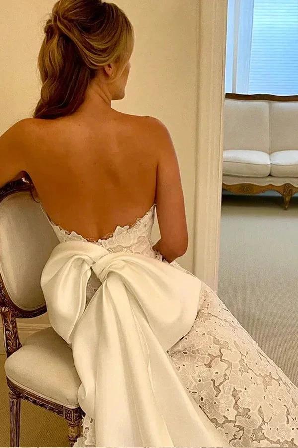 Floral Lace Strapless A Line Boho Ivory Wedding Dress with Satin Bowtie WD634 - Image 3