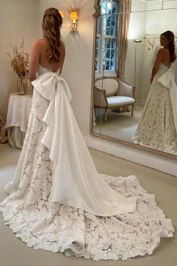 Floral Lace Strapless A Line Boho Ivory Wedding Dress with Satin Bowtie WD634 - Image 4