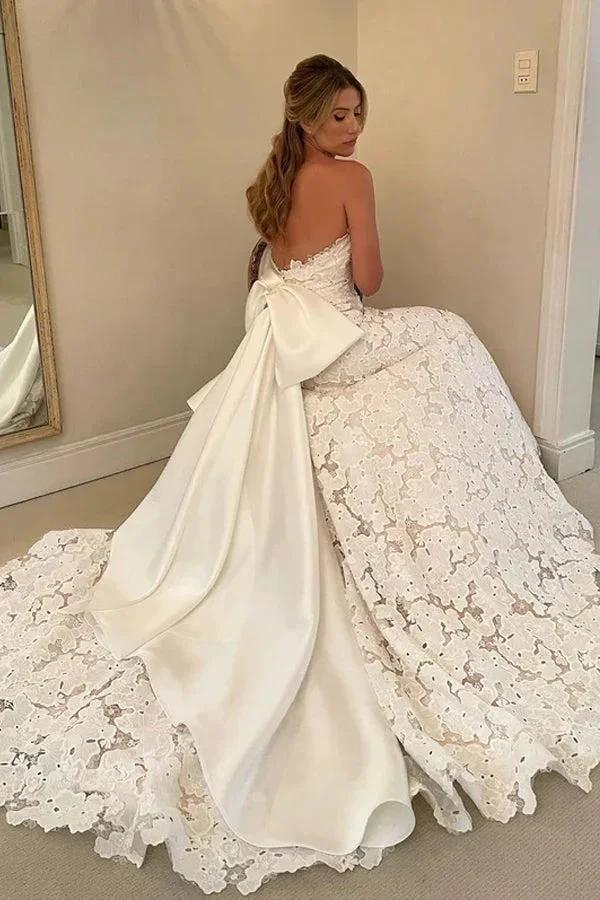 Floral Lace Strapless A Line Boho Ivory Wedding Dress with Satin Bowtie WD634 - Image 5