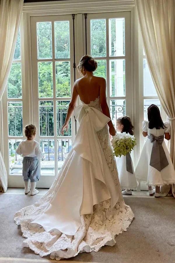 Floral Lace Strapless A Line Boho Ivory Wedding Dress with Satin Bowtie WD634 - Image 6