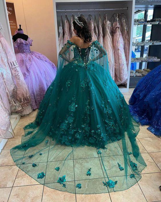 Floral off the shoulder emerald green quinceanera dress new arrival sweet 16 dress ball gown Y1226 - Image 3