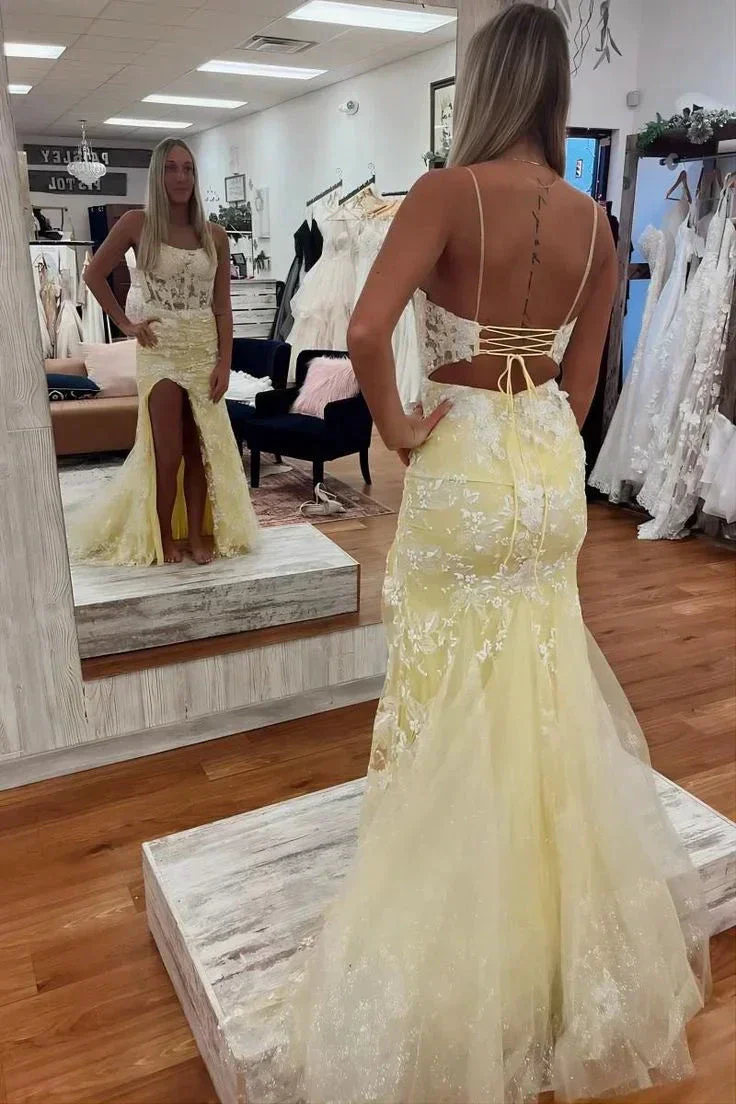 Floral Yellow Split Mermaid Prom Evening Dress Y6465 - Image 2