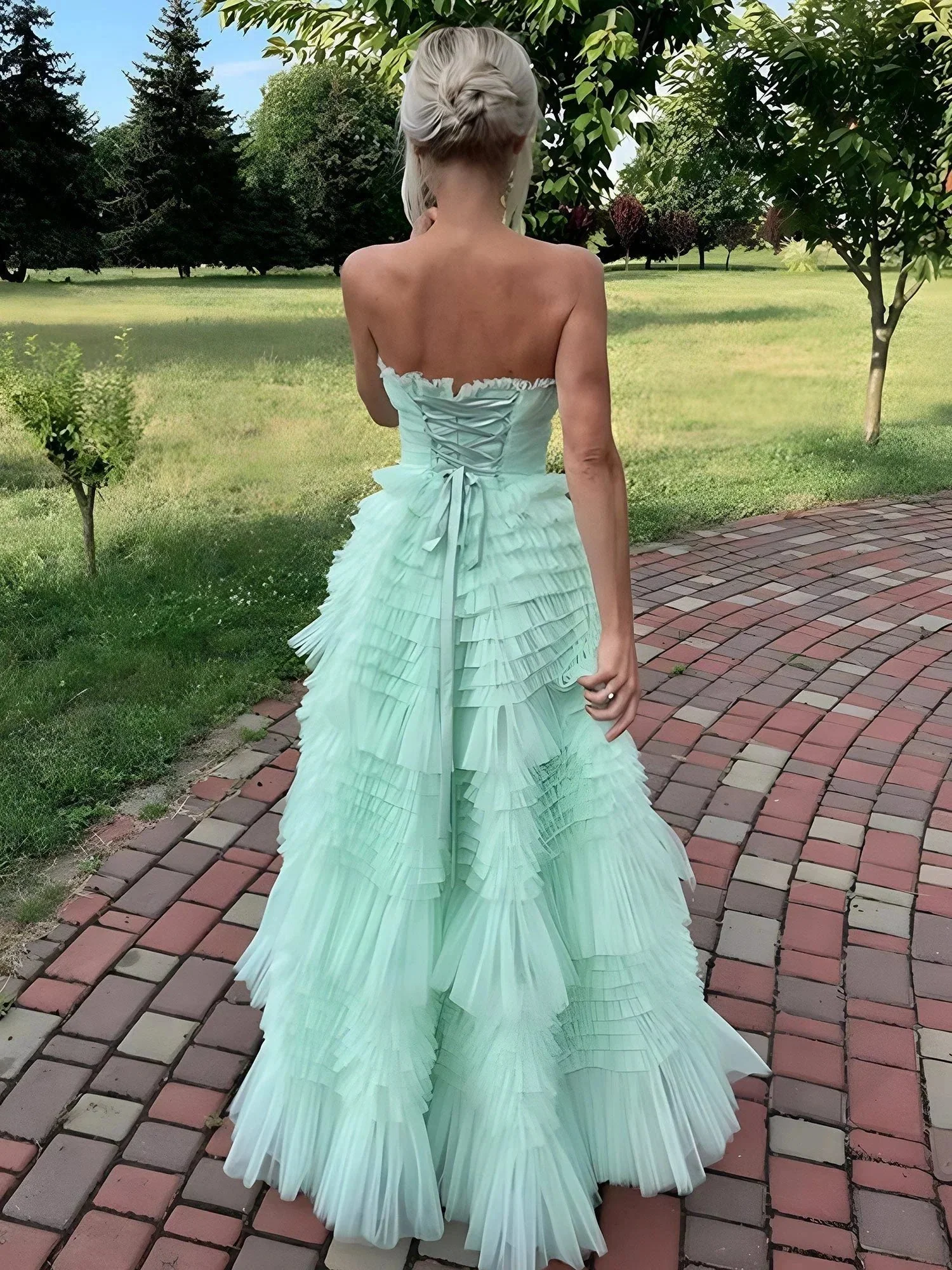 Flovencia| Mint Green Strapless Tulle Tiered Ruffles High-low Prom Dress - Image 2