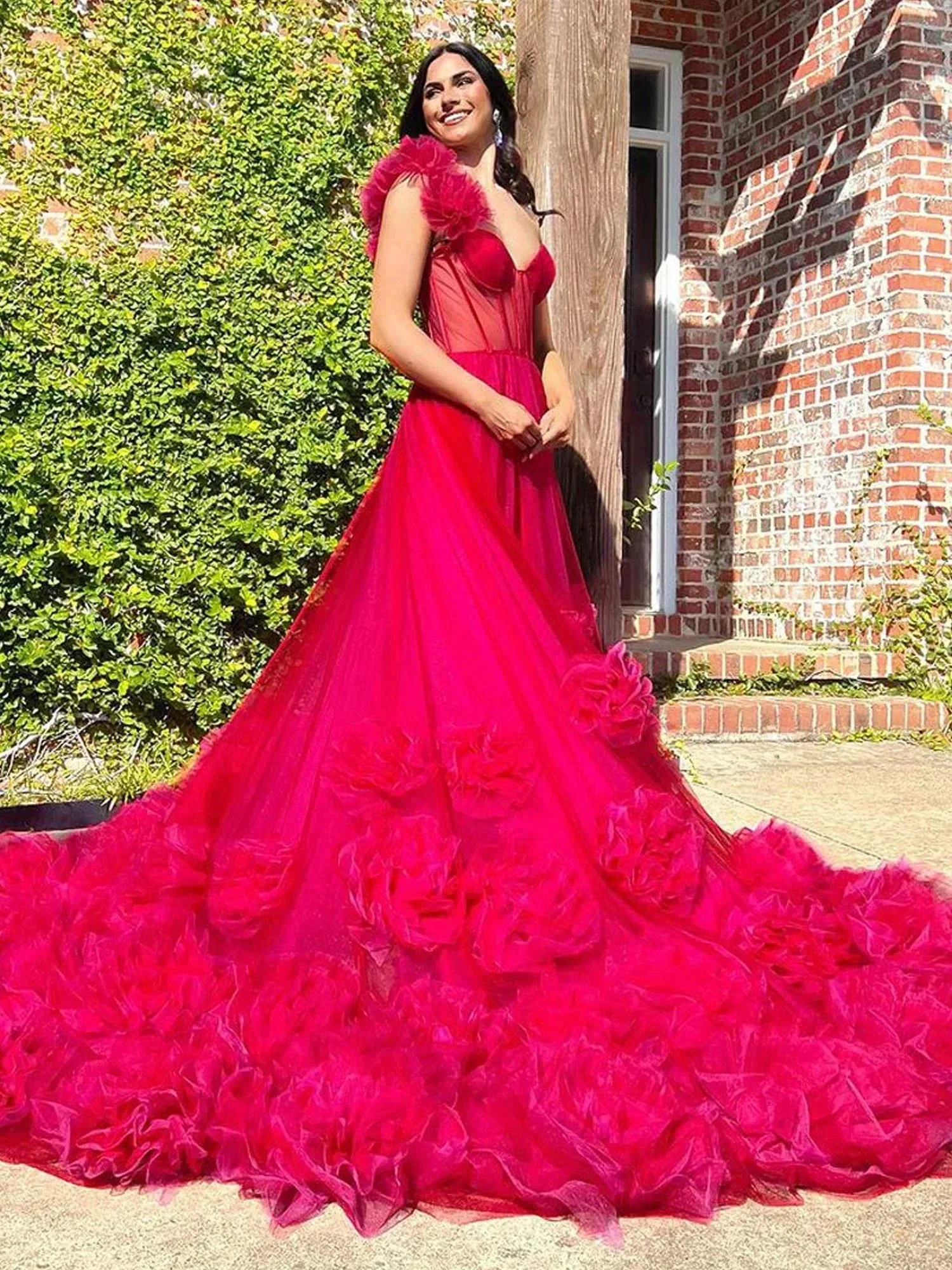 Fran | Hot Pink Ball Gown One-Shoulder Tulle Prom Dresses - Image 2