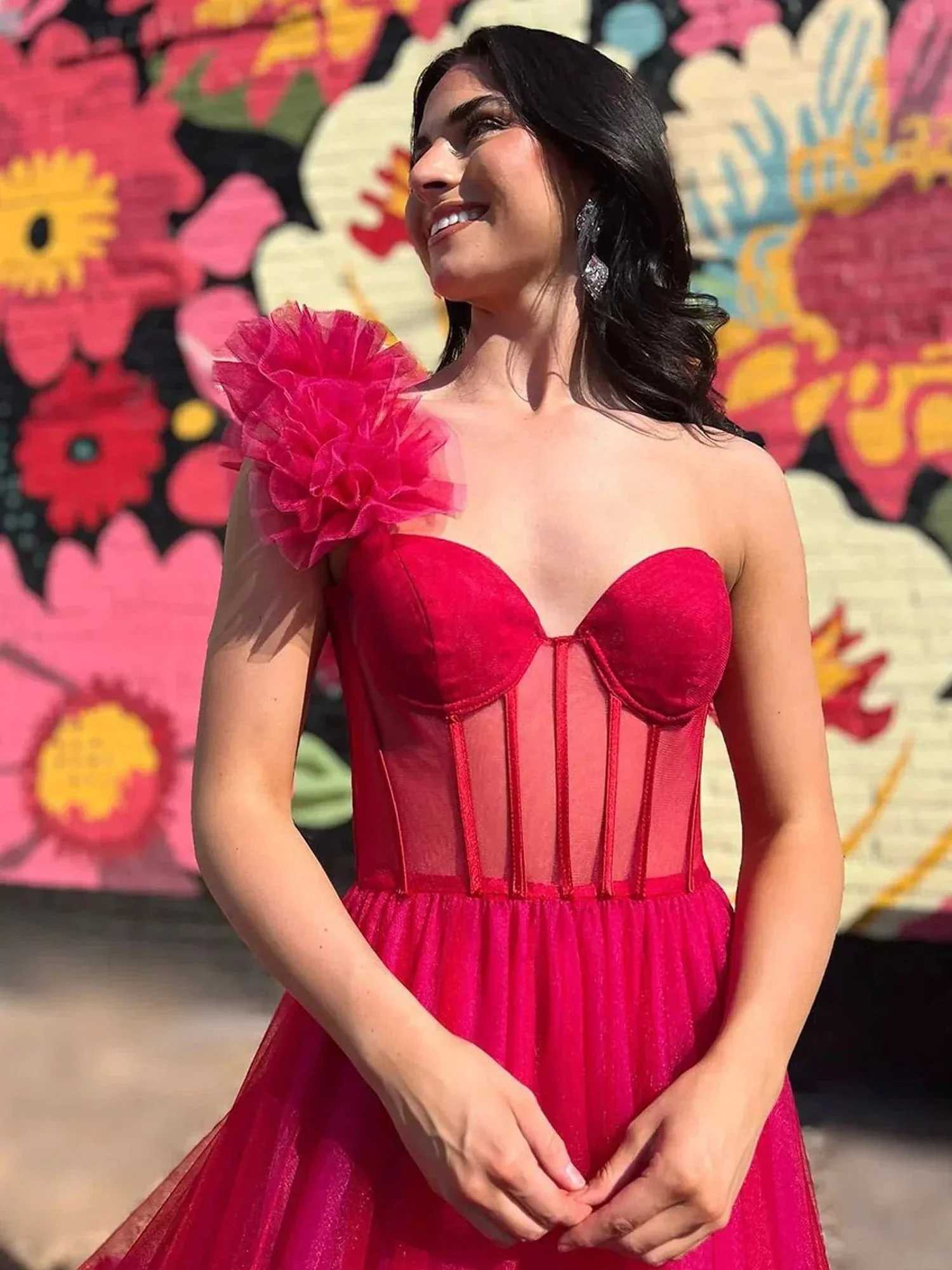 Fran | Hot Pink Ball Gown One-Shoulder Tulle Prom Dresses - Image 3