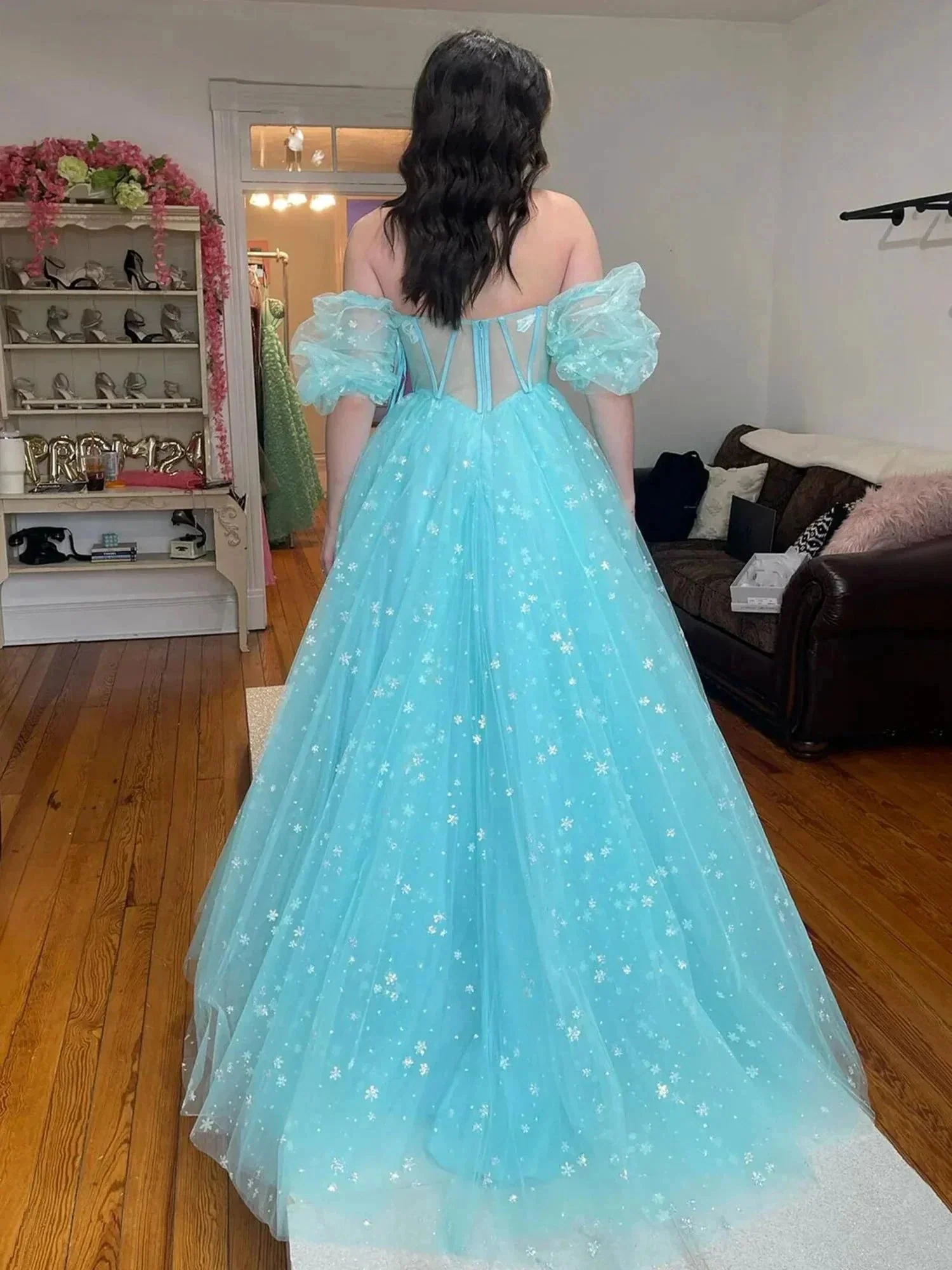 Francis | Aqua Blue Strapless A Line Tulle Starry Long Prom Dress - Image 2