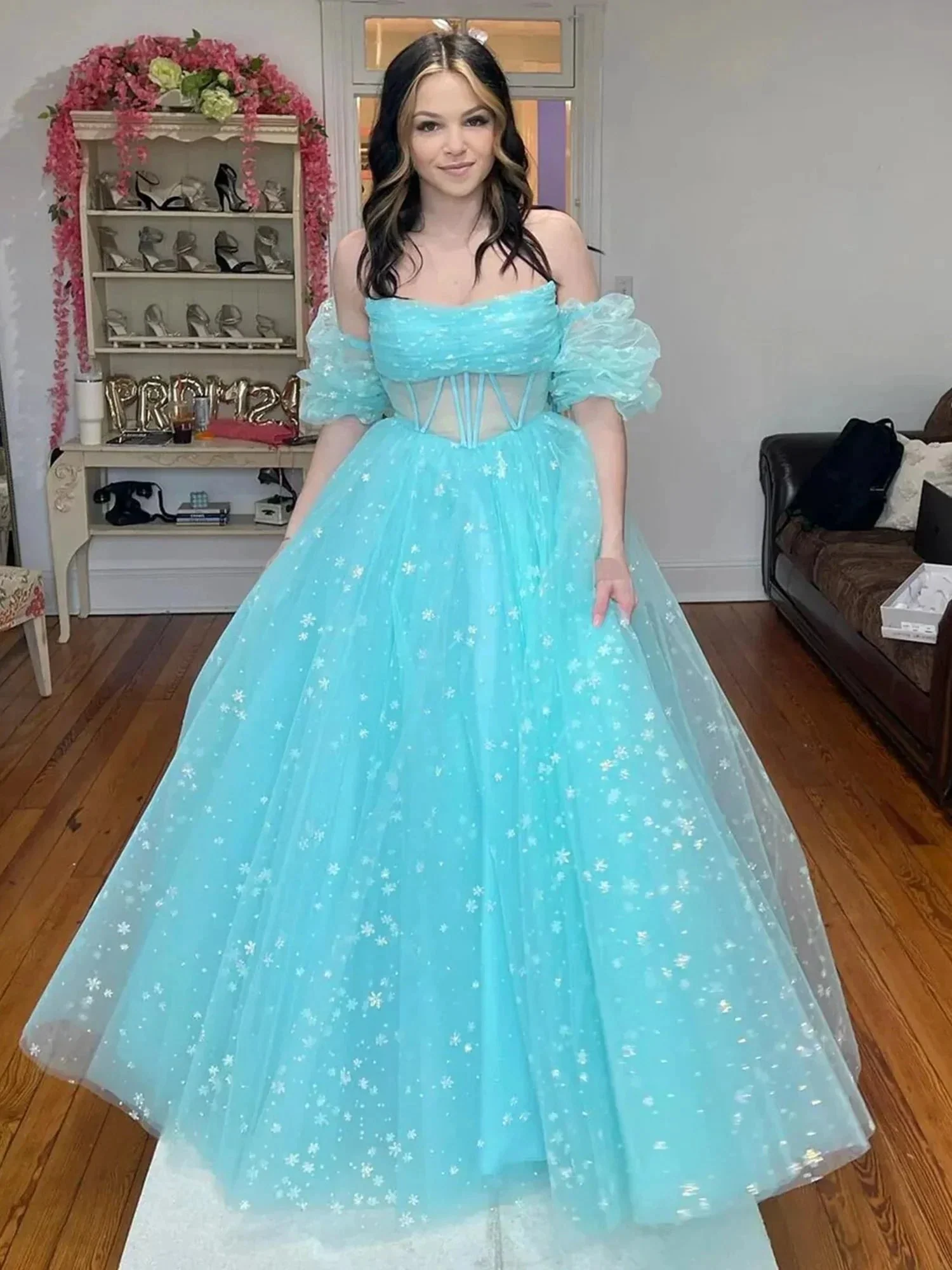 Francis | Aqua Blue Strapless A Line Tulle Starry Long Prom Dress - Image 3