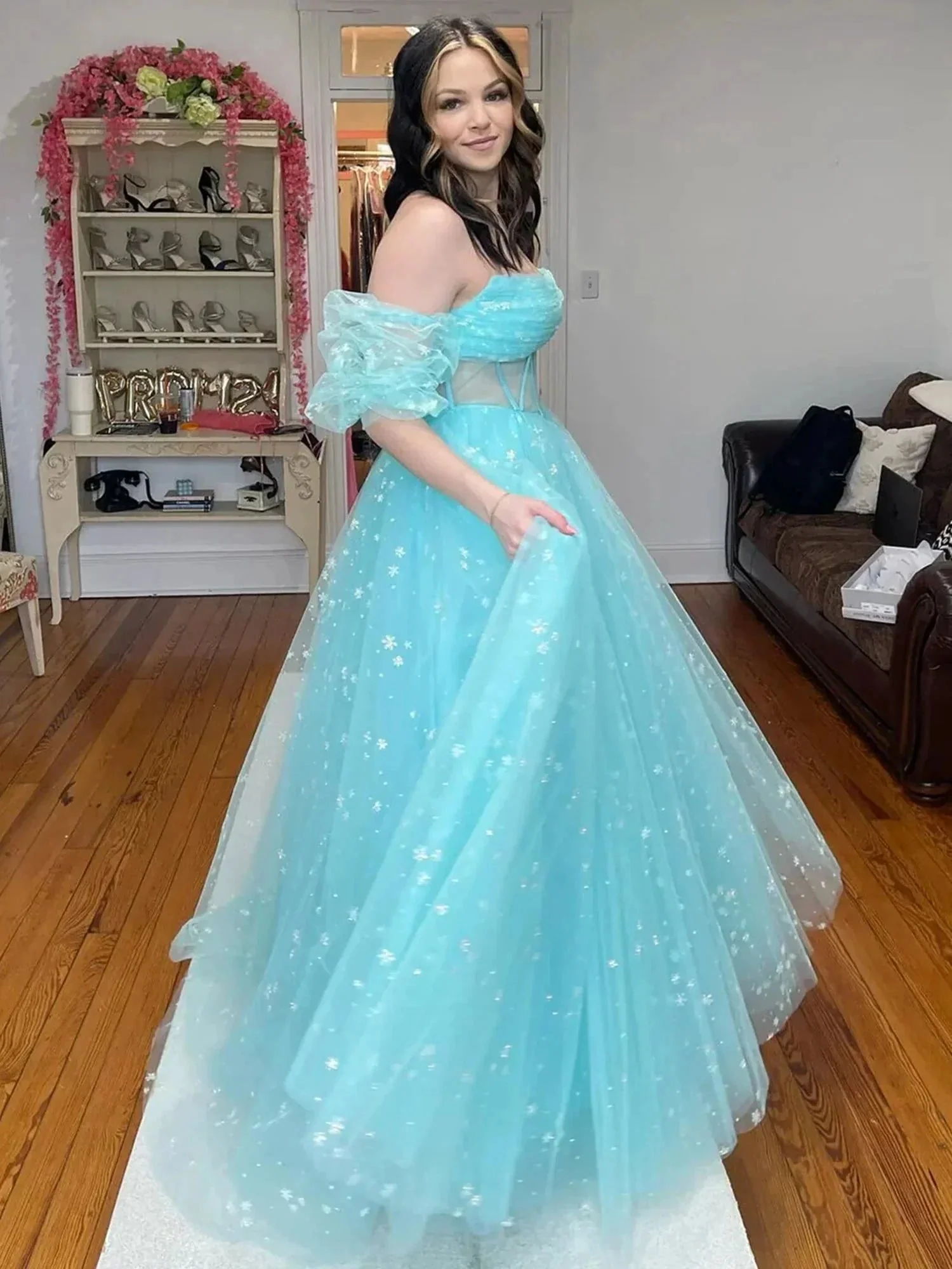 Francis | Aqua Blue Strapless A Line Tulle Starry Long Prom Dress - Image 4