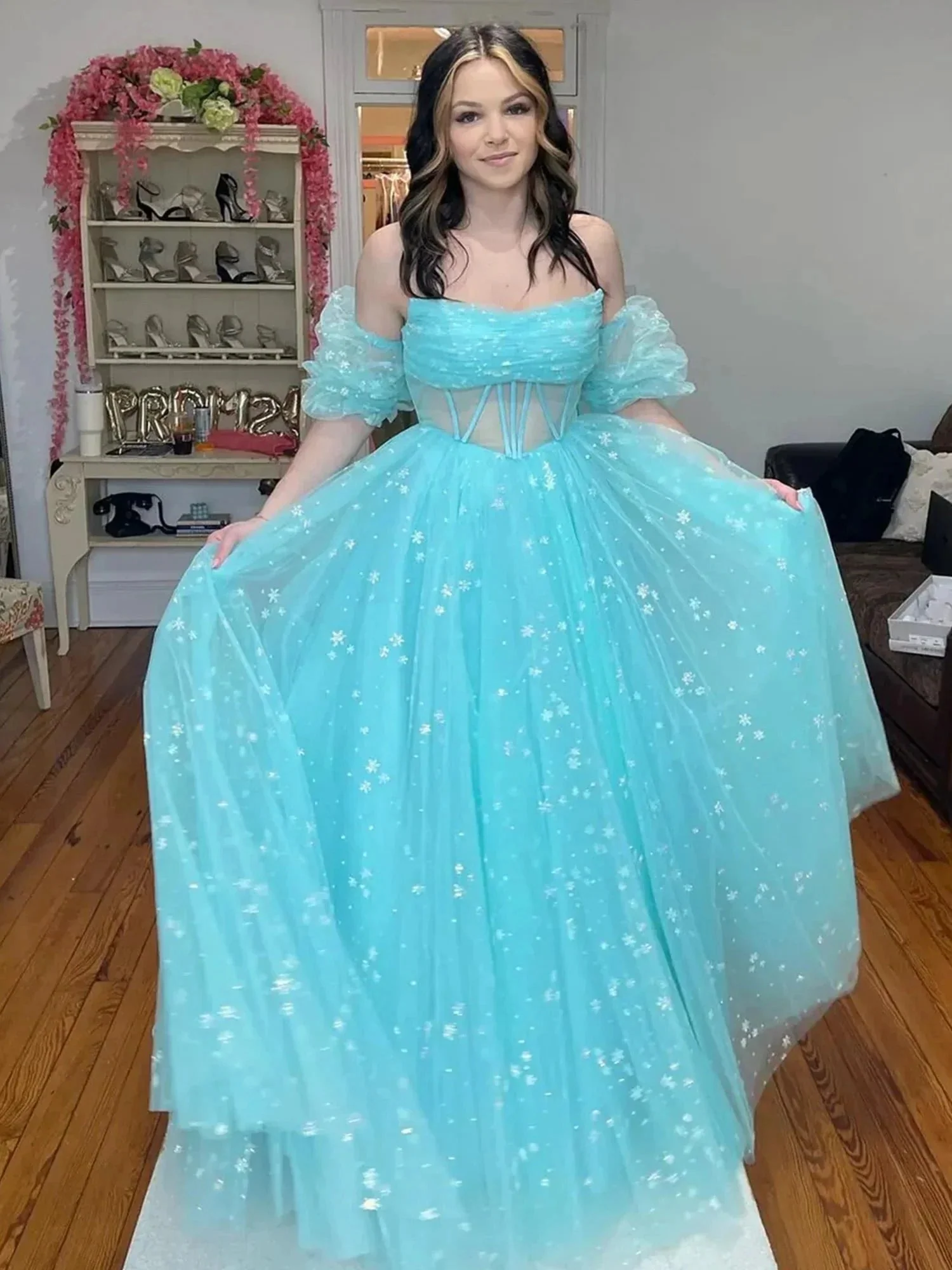 Francis | Aqua Blue Strapless A Line Tulle Starry Long Prom Dress - Image 5