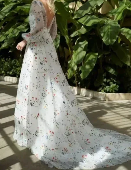 French Elegant Floral Chiffon Long Sleeve Bridal Dress ,V Neck Wedding Dress Y2065 - Image 3
