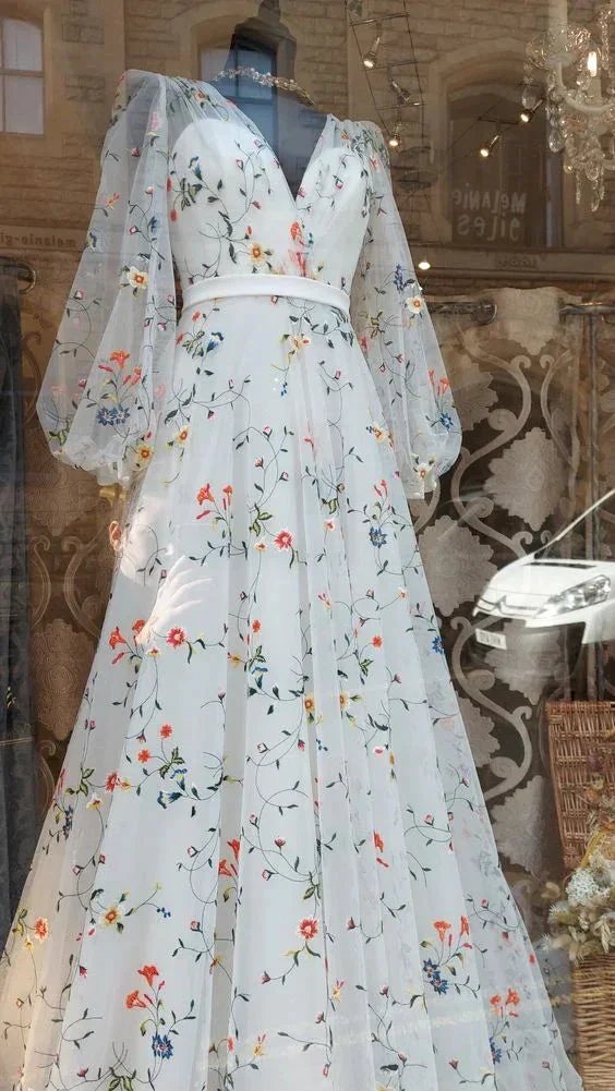 French Elegant Floral Chiffon Long Sleeve Bridal Dress ,V Neck Wedding Dress Y2065 - Image 4