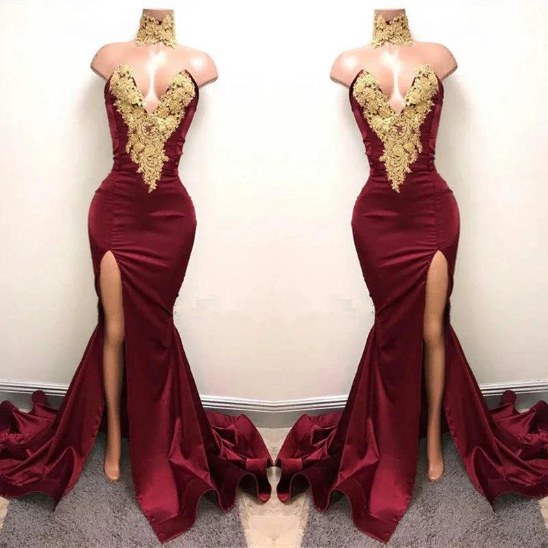 Front-Split High Neck Mermaid Burgundy Lace Appliques Prom Dresses - Image 2