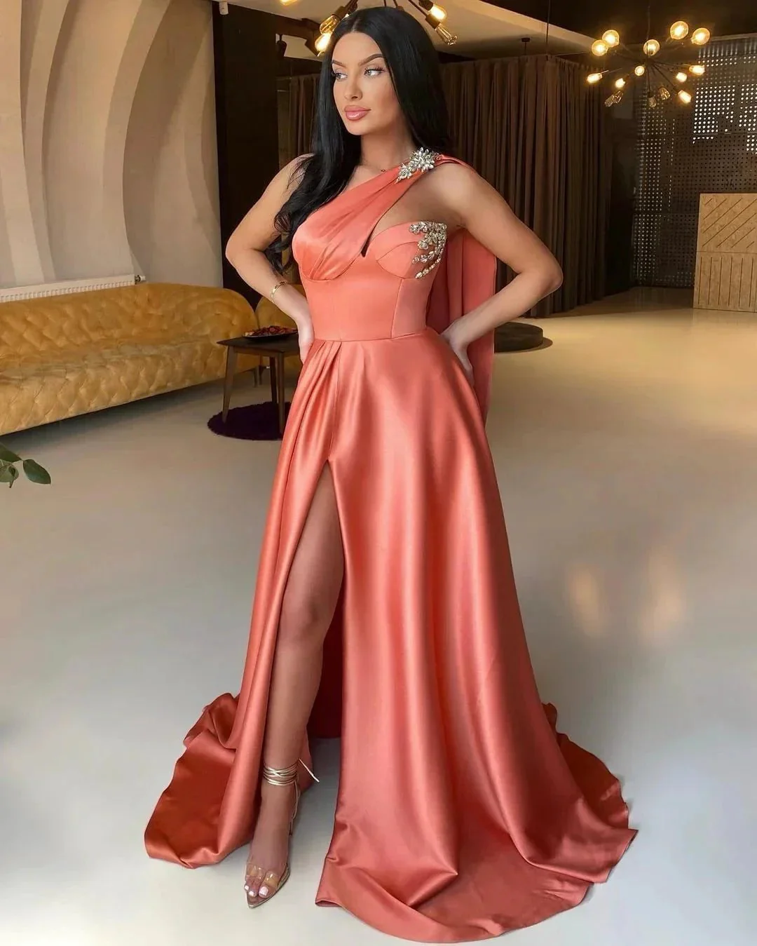 Front Split One Shoulder Long Mermaid Prom Dress With Beadings - Image 2