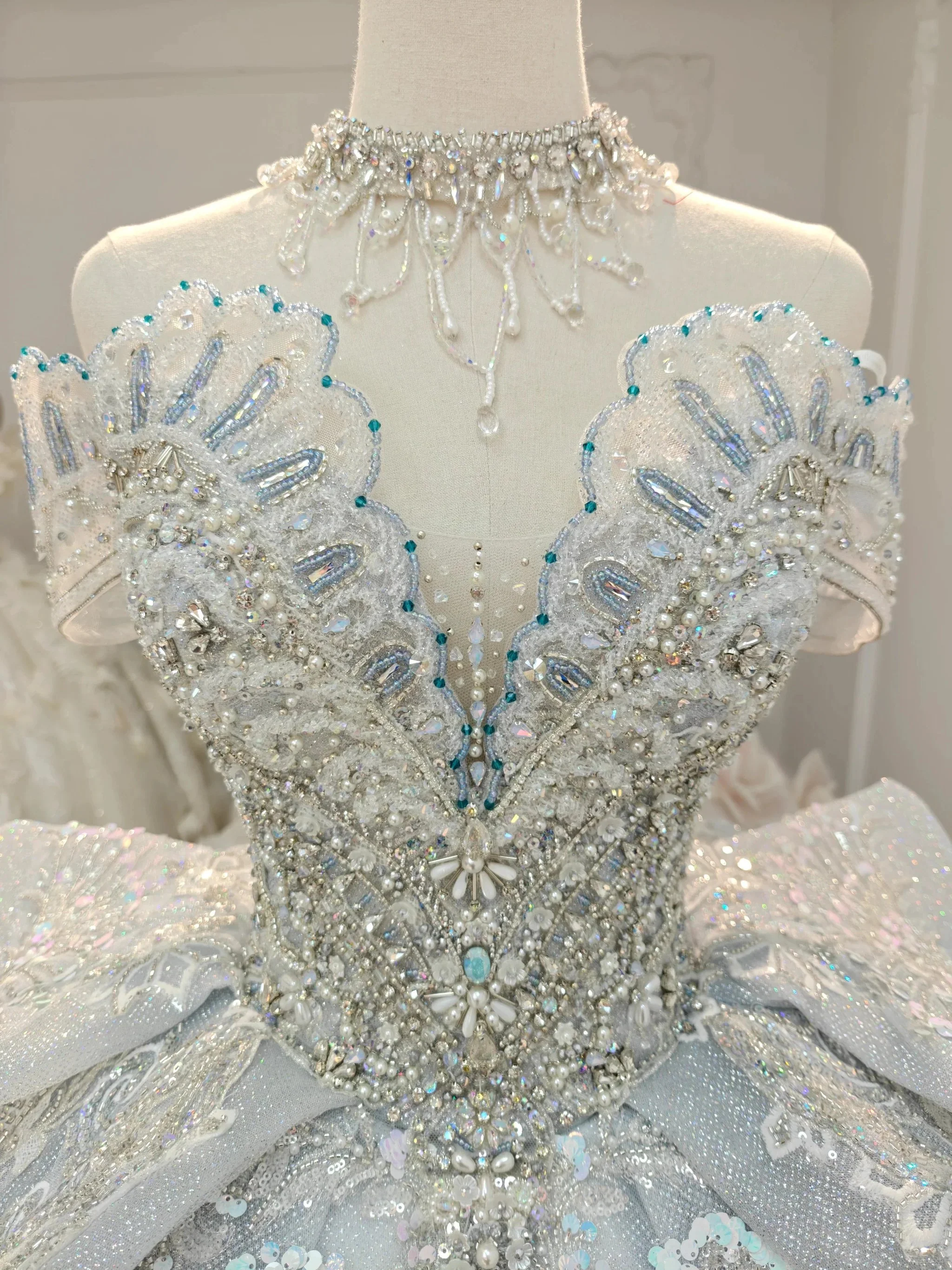 Gorgeous Silver Sequin Off-the-Shoulder Ball Gown Wedding Dress with Crystal Embroidery & Giant Bow Train Ye-2020 - Image 2
