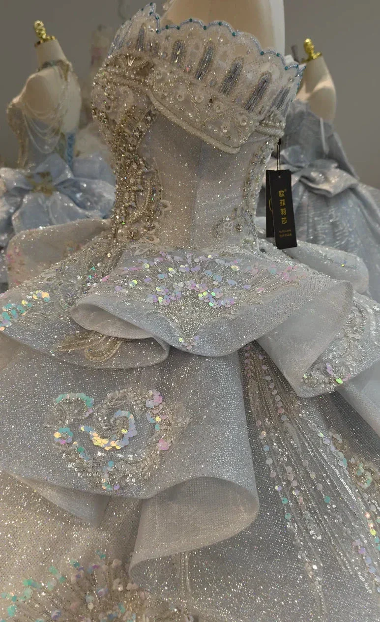 Gorgeous Silver Sequin Off-the-Shoulder Ball Gown Wedding Dress with Crystal Embroidery & Giant Bow Train Ye-2020 - Image 3