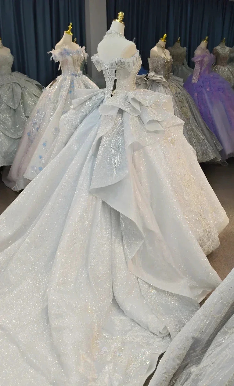 Gorgeous Silver Sequin Off-the-Shoulder Ball Gown Wedding Dress with Crystal Embroidery & Giant Bow Train Ye-2020 - Image 4
