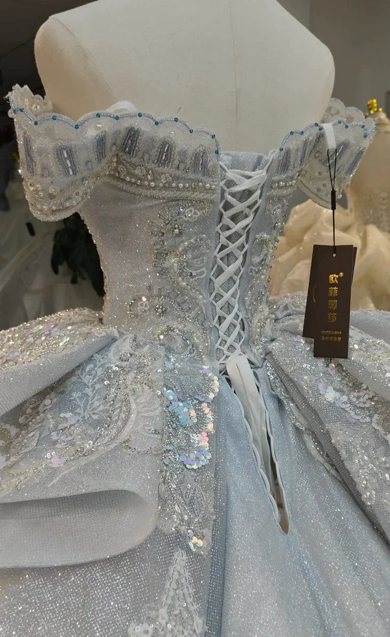 Gorgeous Silver Sequin Off-the-Shoulder Ball Gown Wedding Dress with Crystal Embroidery & Giant Bow Train Ye-2020 - Image 5