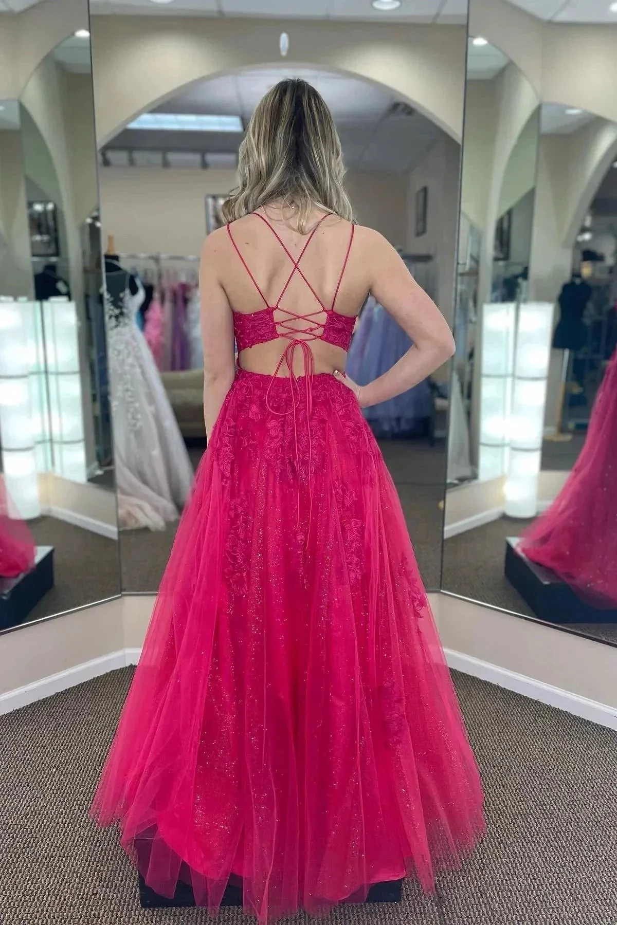 Fuchsia A-line Tulle Scoop Neckline Applique Slit Long Prom Dress PSK459 - Image 2