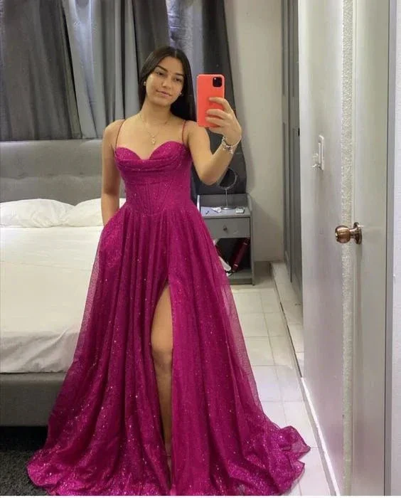 Fuchsia Corset Glitter A-line Evening Gown A-line Evening Dress Y6001 - Image 2