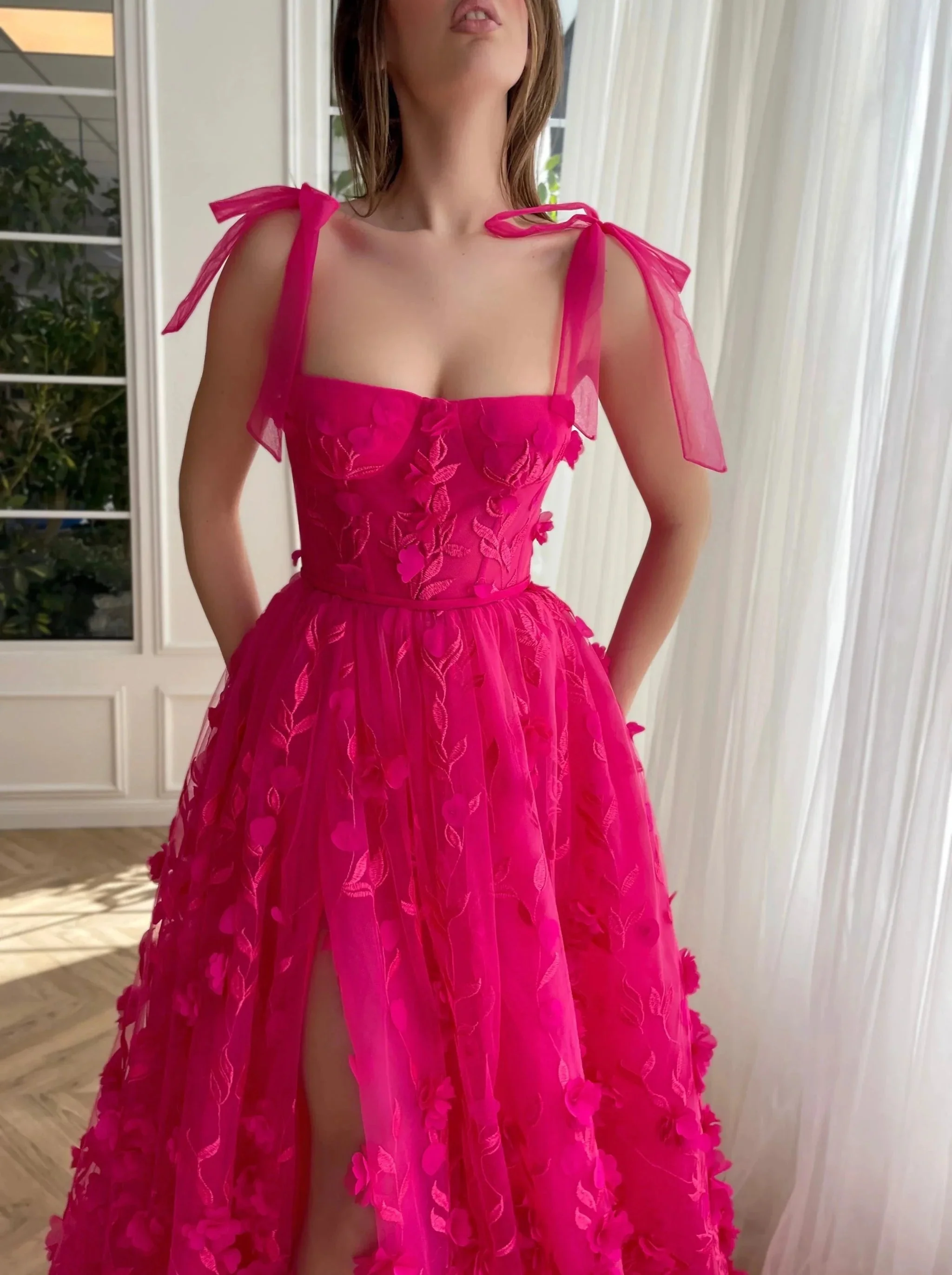 Kayleigh | Fuchsia Elegant A-line 3D Flower Lace Prom Dress With Slit - Image 2