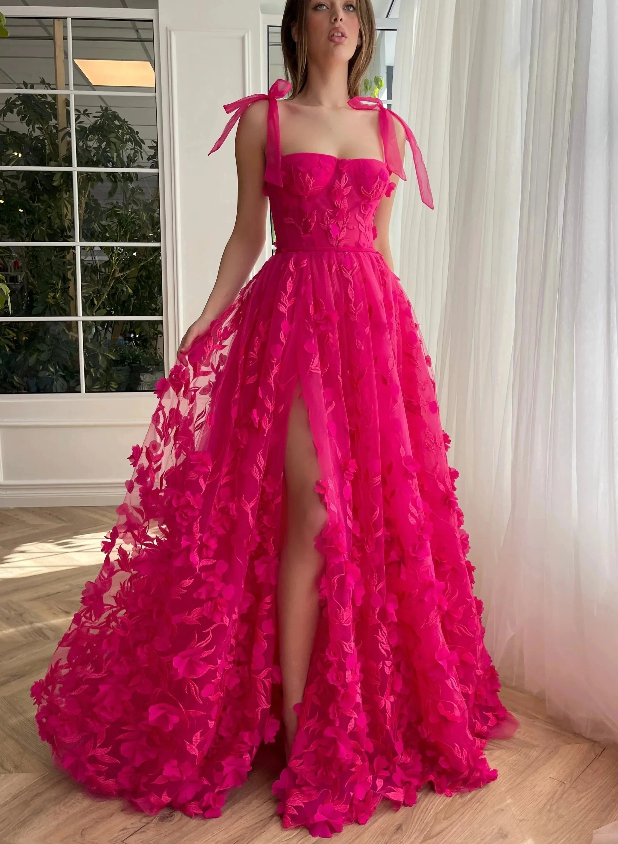 Kayleigh | Fuchsia Elegant A-line 3D Flower Lace Prom Dress With Slit - Image 5