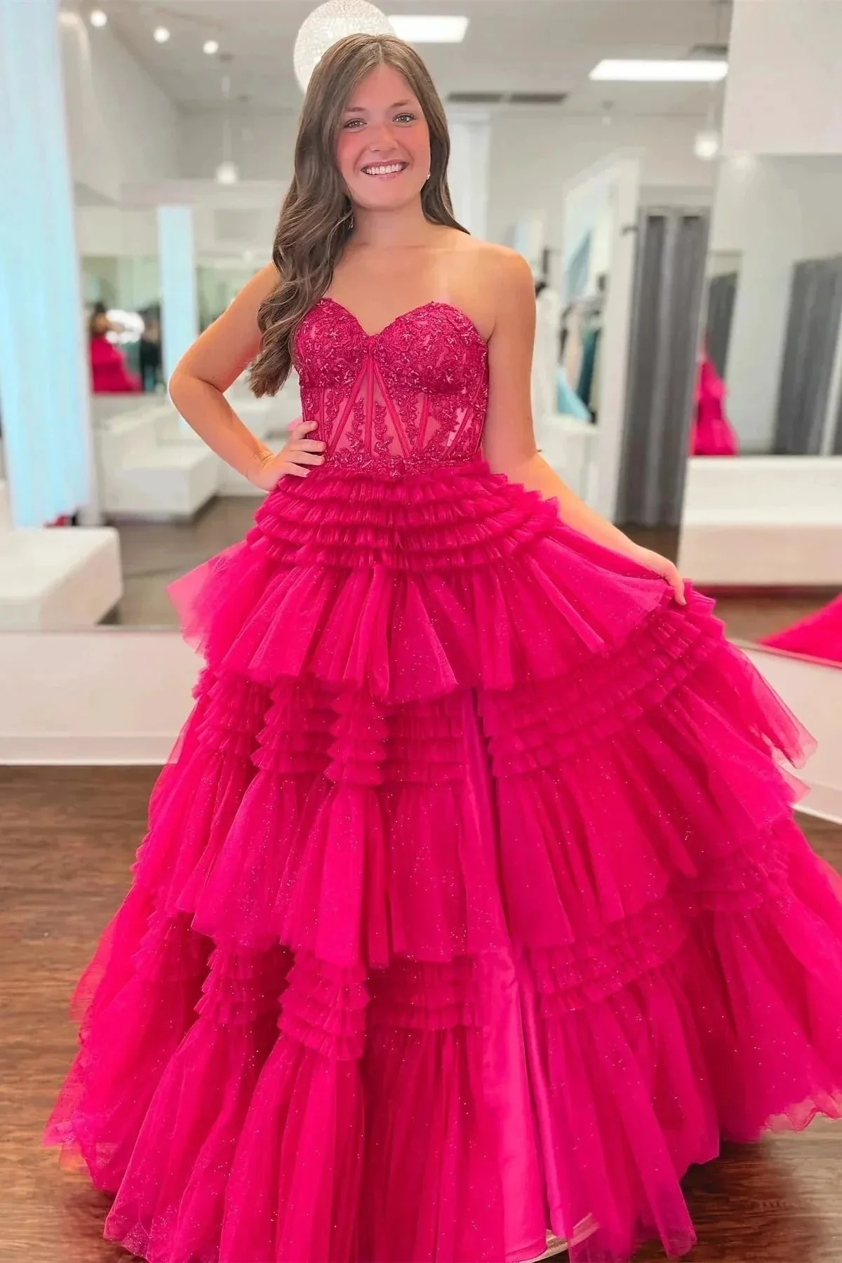 Fuchsia Multi-Layers Strapless Appliques A-line Tulle Long Prom Dress  PSK451 - Image 2