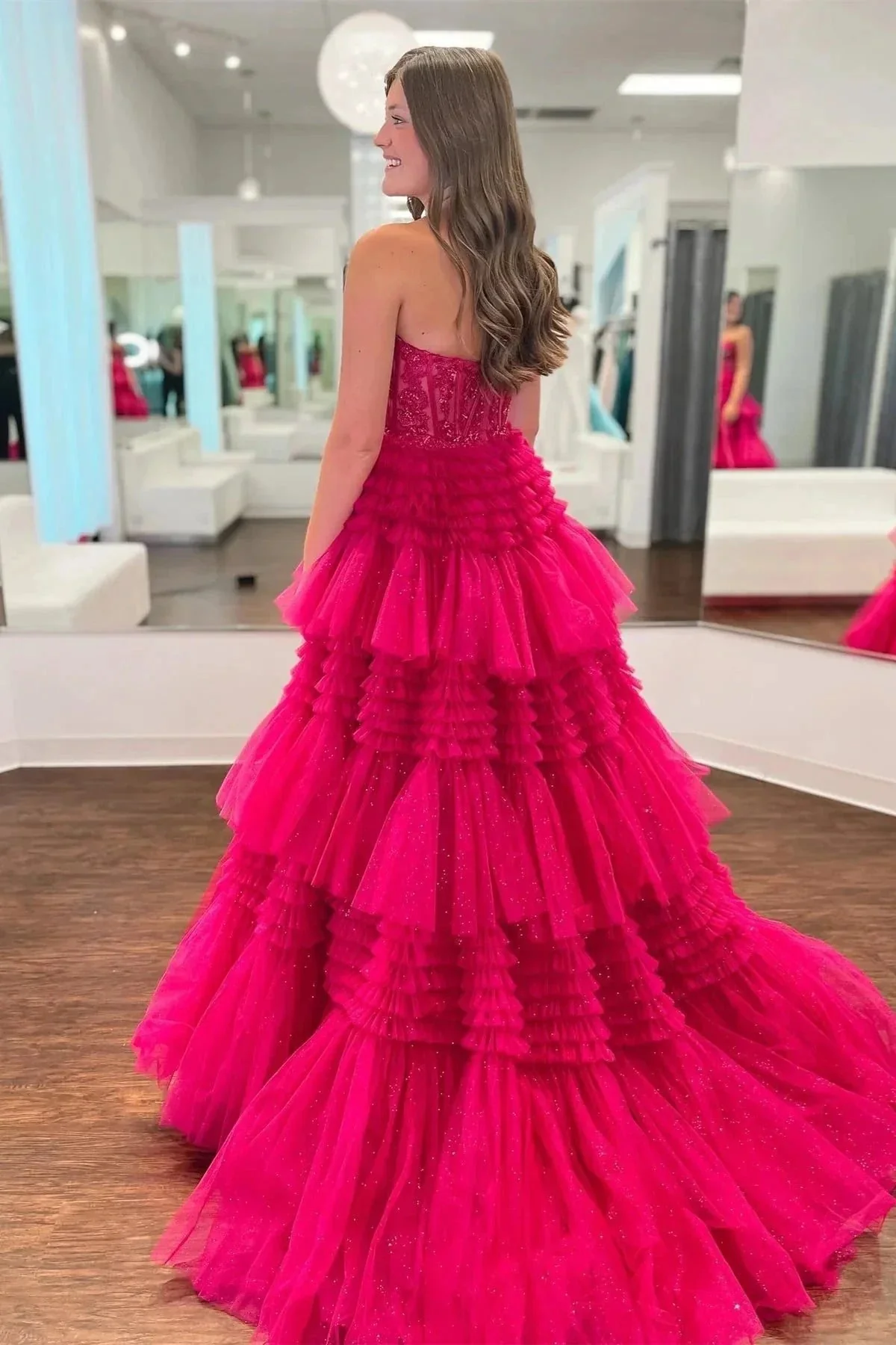 Fuchsia Multi-Layers Strapless Appliques A-line Tulle Long Prom Dress  PSK451 - Image 3