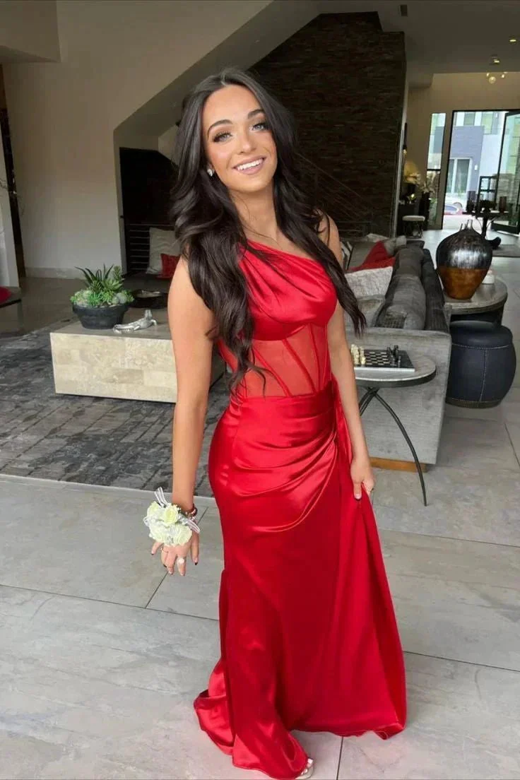 Valerie |Sheath One Shoulder Pleated Satin Long Prom Dress - Image 4