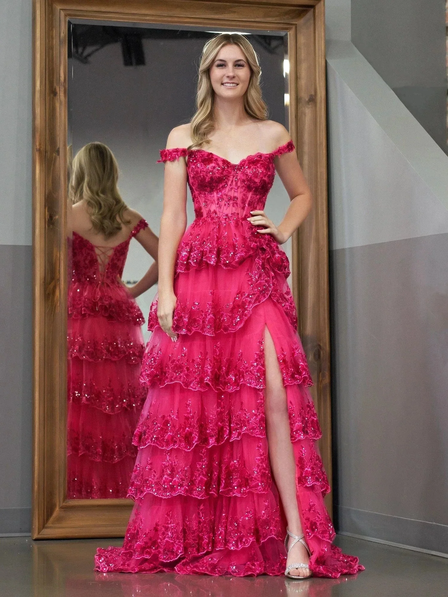 Fuchsia Princess A Line Off the Shoulder Corset Prom Dress with Lace Ruffles - Image 2