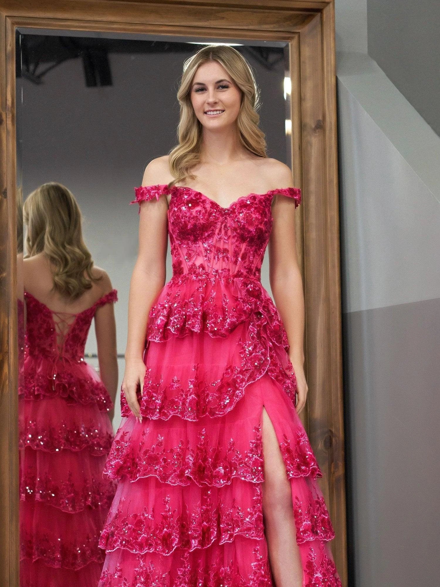 Fuchsia Princess A Line Off the Shoulder Corset Prom Dress with Lace Ruffles - Image 3