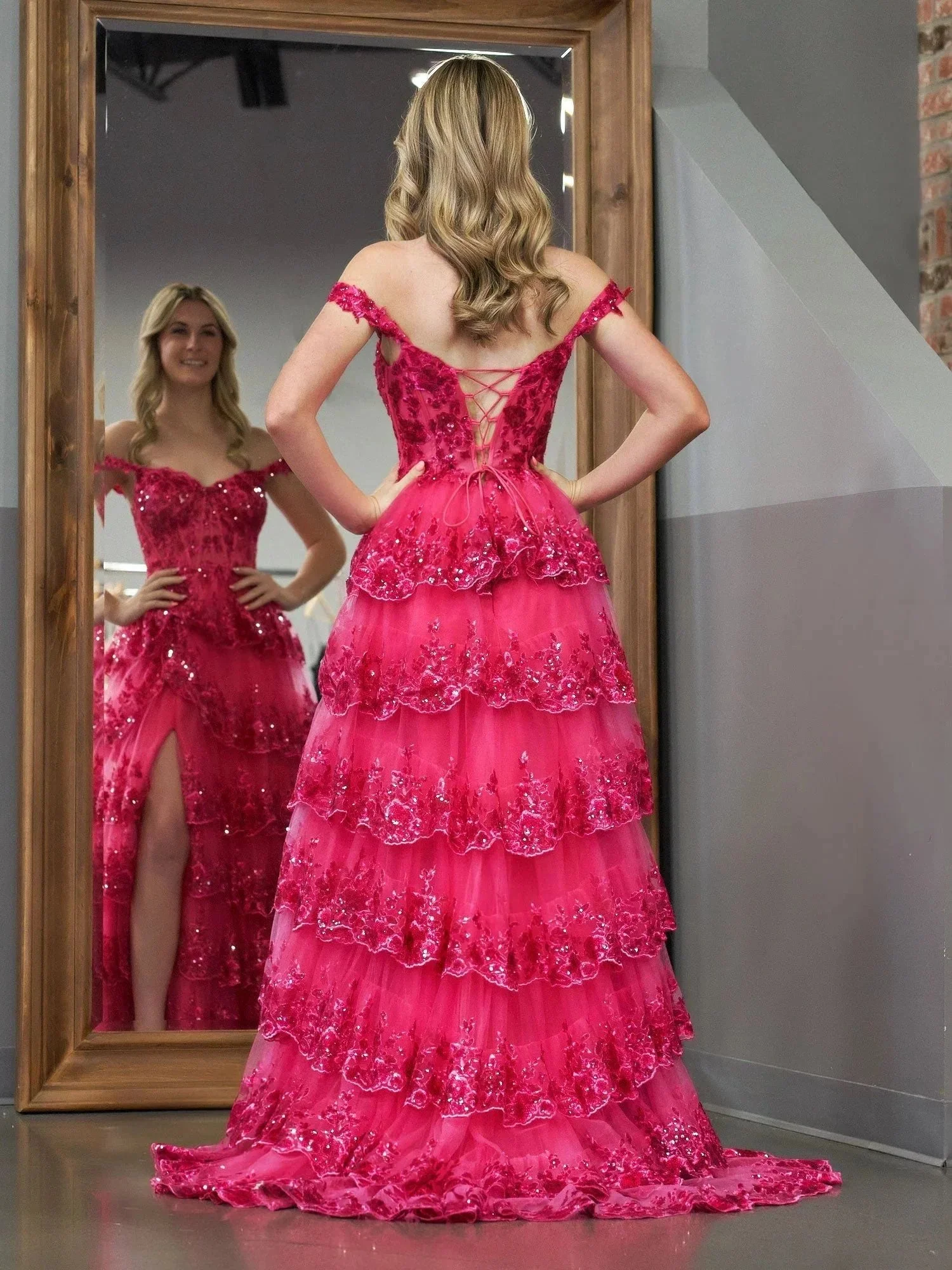 Fuchsia Princess A Line Off the Shoulder Corset Prom Dress with Lace Ruffles - Image 4