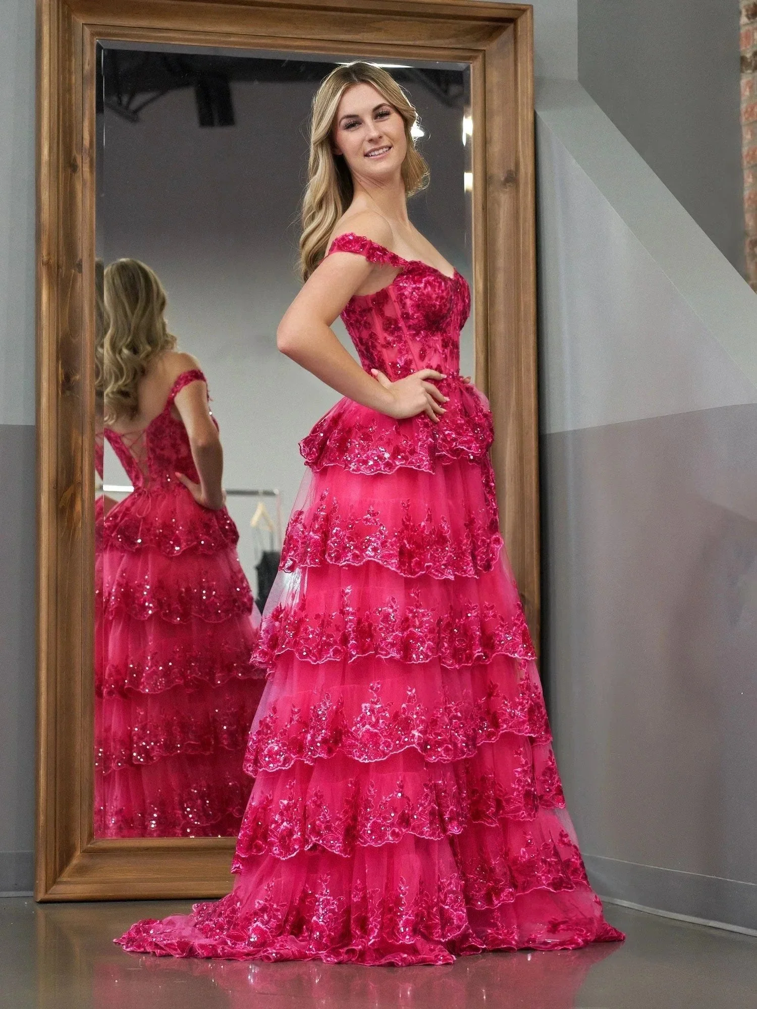 Fuchsia Princess A Line Off the Shoulder Corset Prom Dress with Lace Ruffles - Image 5