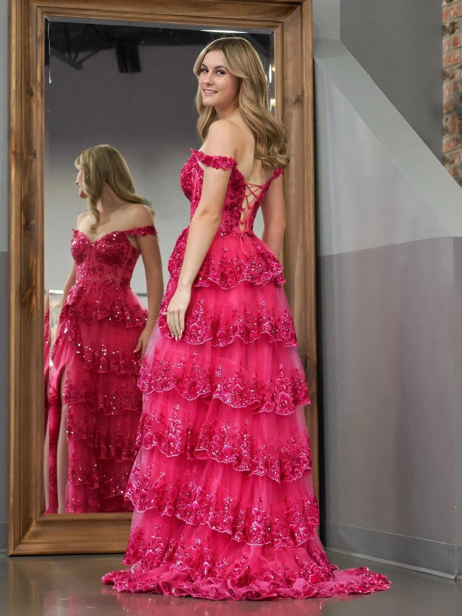 Fuchsia Princess A Line Off the Shoulder Corset Prom Dress with Lace Ruffles - Image 6